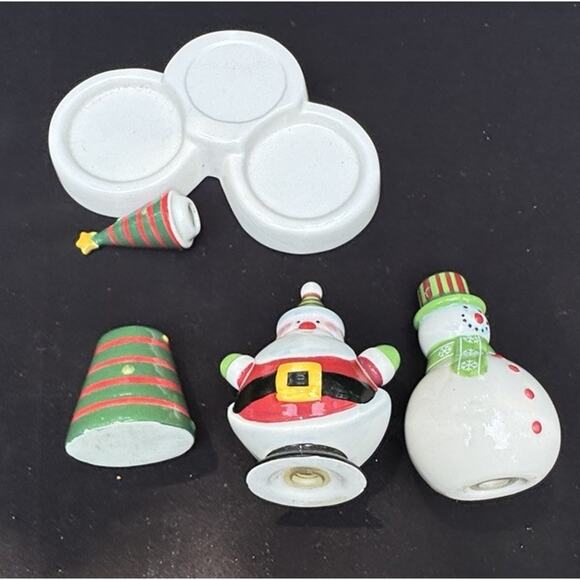 Vintage Christmas Tree, Snowman & Santa Salt & Pepper Toothpick set on tray -C8 - Picture 7 of 12